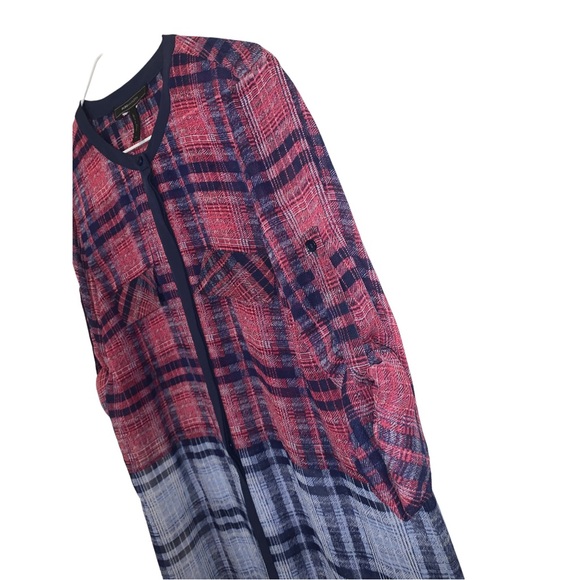 BCBGMAXAZRIA chiffon plaid tunic length button down top - Picture 5 of 7